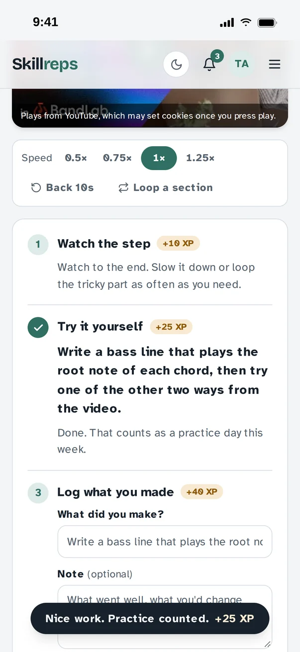 A Skillreps lesson on a phone, with the Try step done and +25 XP