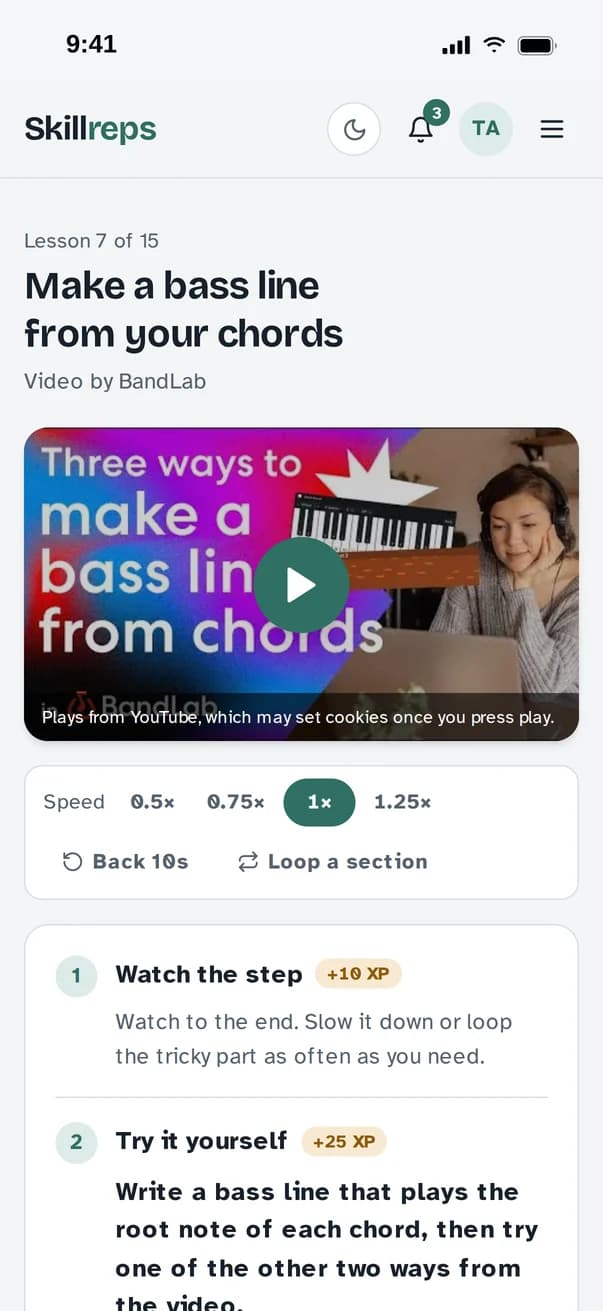 A Skillreps lesson: a BandLab video with Watch, Try and Log steps